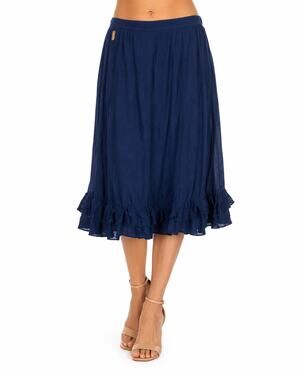 Dan172 Gloria Vanderbilt Navy Ruffle Hem Skirt Womens Waist 38 Midi Boho Pull On